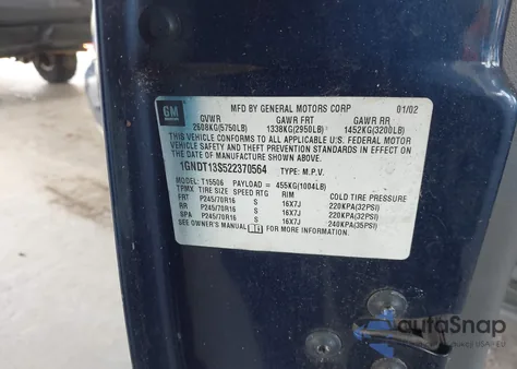 2002 Chevrolet Trailblazer из США, поврежденный, VIN 1GNDT13S522370564